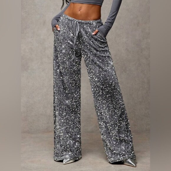 Silver Sequin Drawstring Wide Leg Pants - Picture 2 of 8